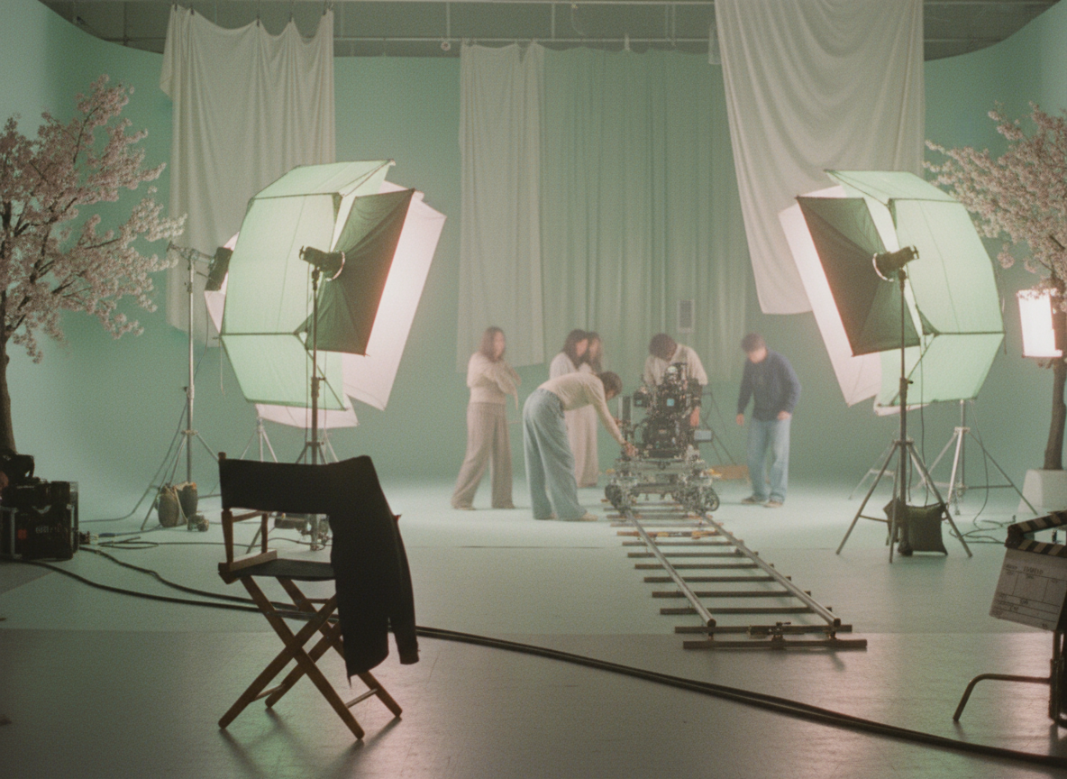 Cinematic behind-the-scenes film set atmosphere, soft pastel green and blush tones