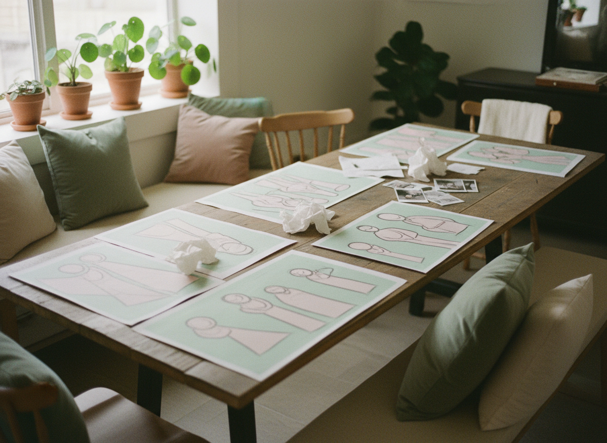 Film production workspace with storyboards, soft natural light, pastel green and blush tones