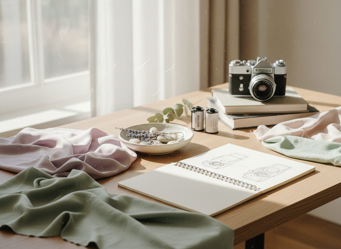 Elegant pre-production table with camera notes, fabric swatches, and soft daylight