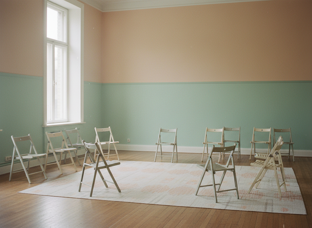 Quiet rehearsal space with chairs, soft window light, pastel peach and mint tones