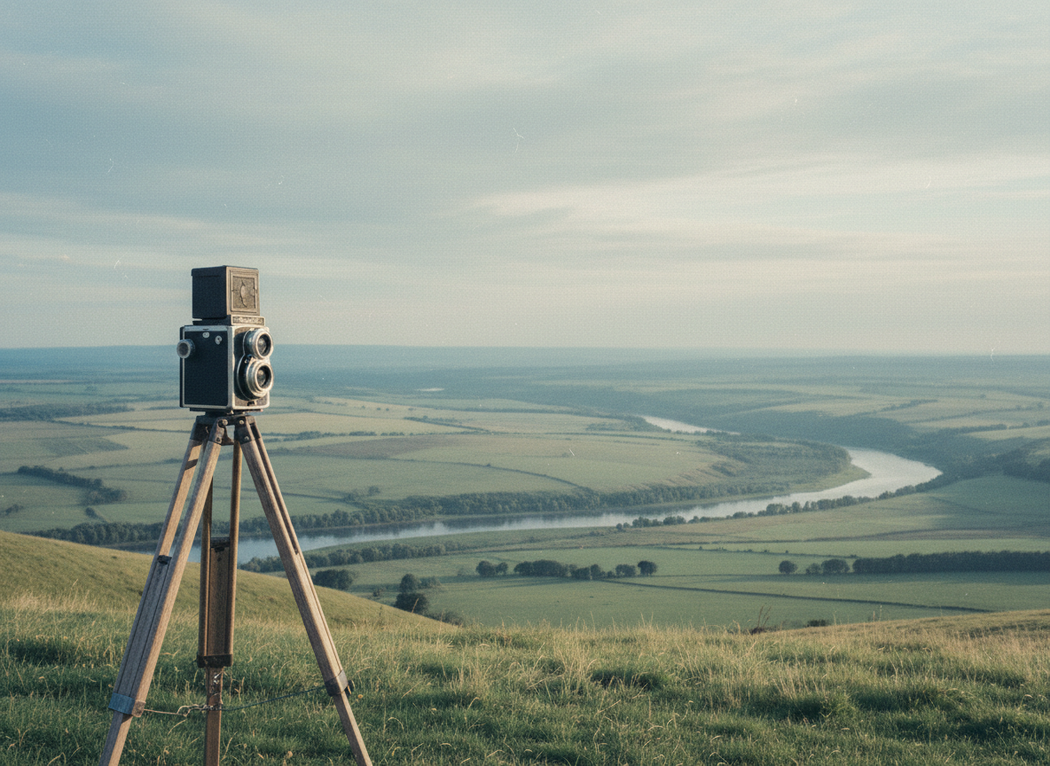 Atmospheric location scouting scene with a vintage camera and landscape, pastel blue and sage tones