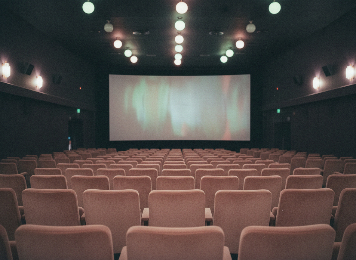 Intimate closing-night cinema atmosphere with soft lights and empty seats, pastel rose and pale green tones